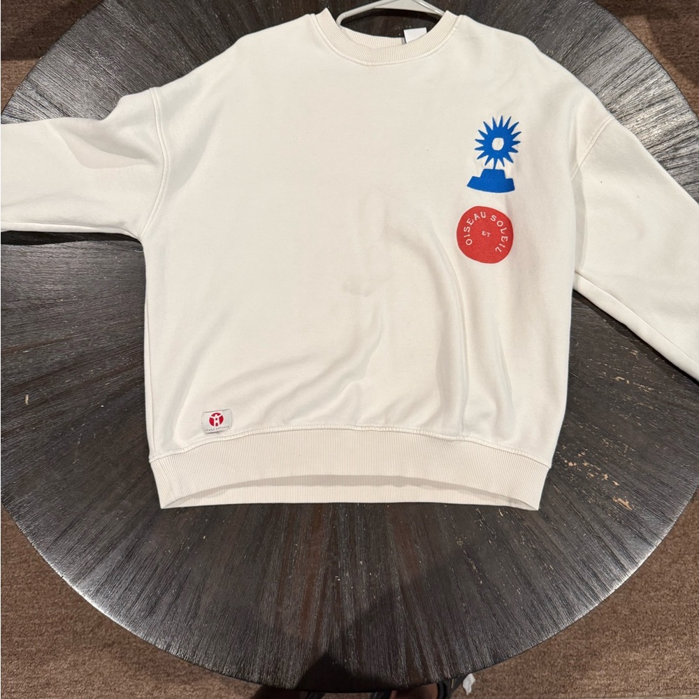 Zara Cream Sweater with Blue and Red Accents